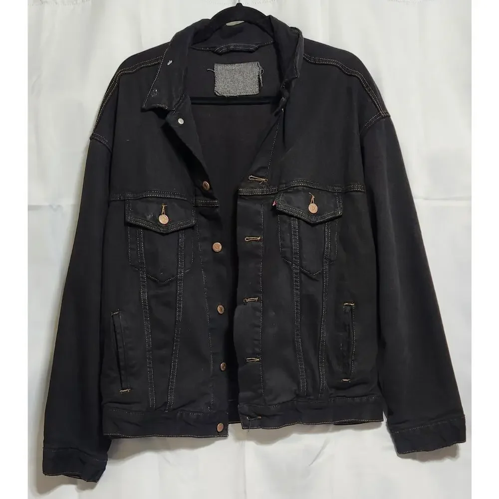 Vintage Levis Mens Black Denim Trucker Flannel Lining No Size Tag SEE PICS!!!